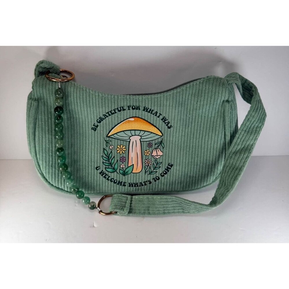 Mushroom Corduroy Shoulder Bag Sage Green Cottagecore Purse Aventurine Beads
